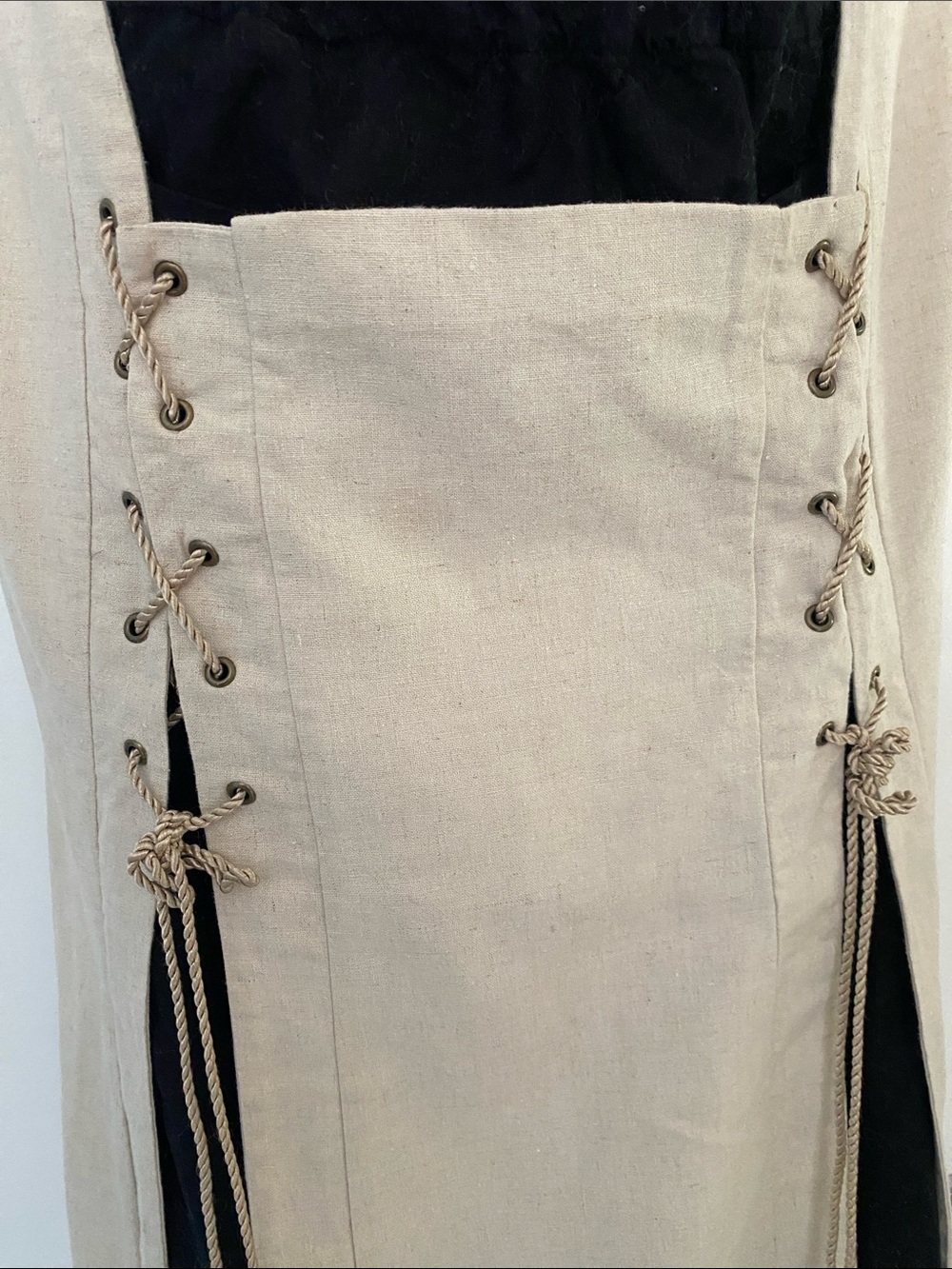 EXCALIBOR LInen Beige Maxi Dress w Black Insert & Lace-Up Panels Size X large - Picture 5 of 16